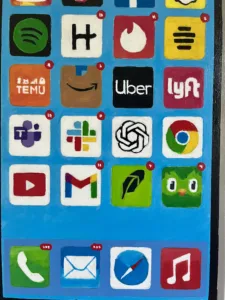 Iphone Activity As Character — painting; of an object; in acrylic on canvas; red, orange, yellow, blue and pink tones — detail 2 of 4, close-up of surface texture