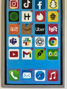 Iphone Activity As Character — painting; of an object; in acrylic on canvas; red, orange, yellow, blue and pink tones — detail 3 of 4, close-up of surface texture