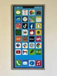Iphone Activity As Character — painting; of an object; in acrylic on canvas; red, orange, yellow, blue and pink tones — detail 4 of 4, close-up of surface texture
