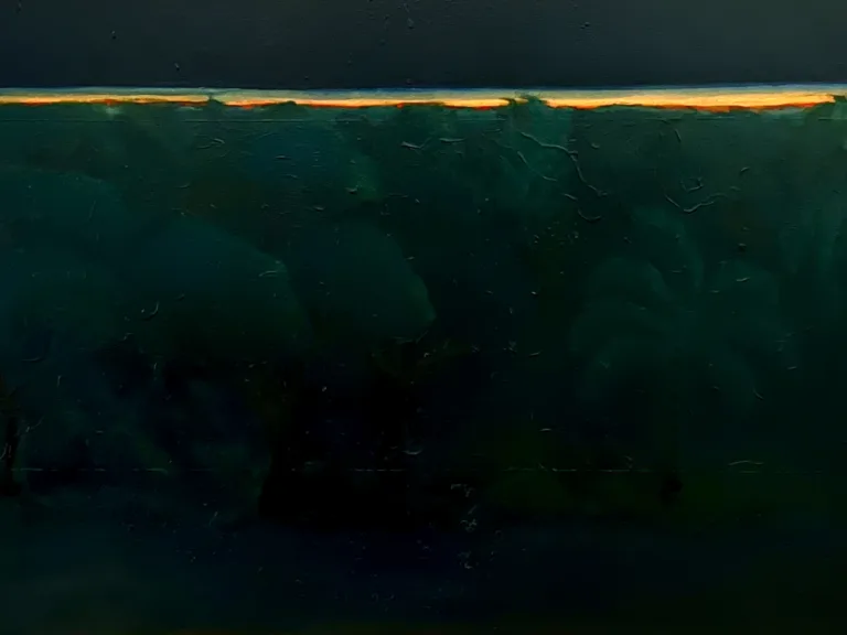 Jungle Sunrise India — painting; of a landscape; in oil on canvas; green, blue and black tones