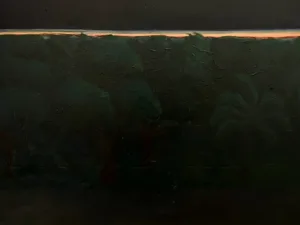 Jungle Sunrise India — painting; of a landscape; in oil on canvas; green, blue and black tones — detail, close-up of surface texture