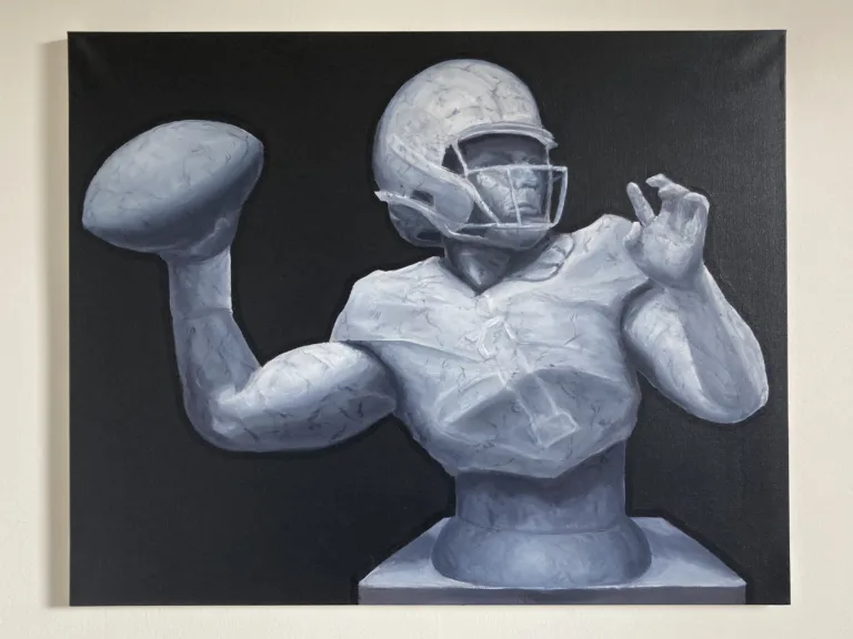 Justin Fields As Marble Bust — painting; of a single figure; in oil on canvas; black, blue and gray tones