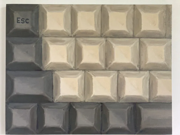 Keyboard Escape — painting; of an object; in oil on canvas; gray and white tones