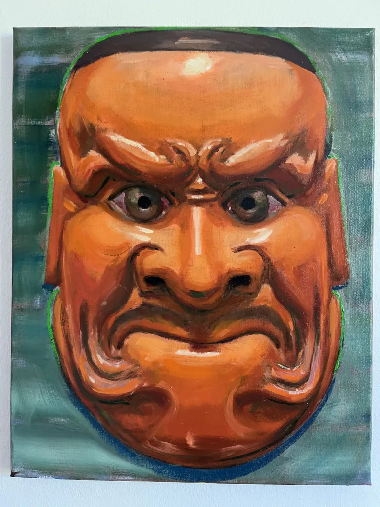 Kobeshimi Noh Mask — painting; of a portrait; in oil on canvas; orange and green tones