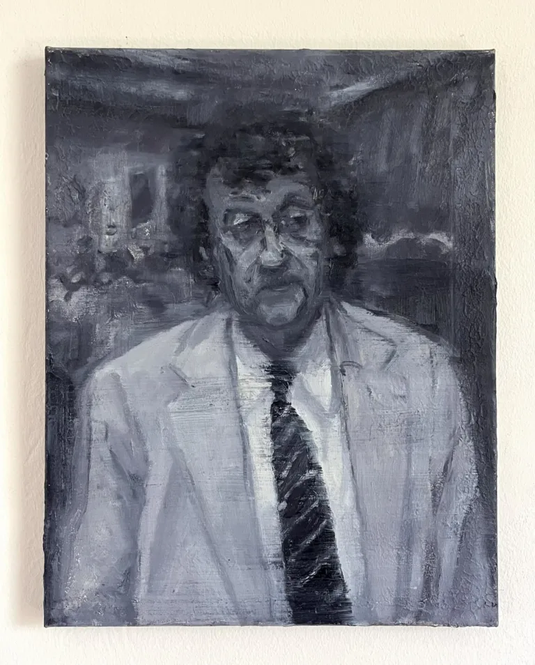 Kurt Vonnegut Grayscale — painting; of a portrait; in oil on canvas; monochrome tones