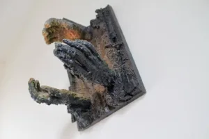 Light Of The World — painted relief; of a single figure; built up in heavy, tactile impasto; in spray paint — detail 1 of 3, close-up of surface texture