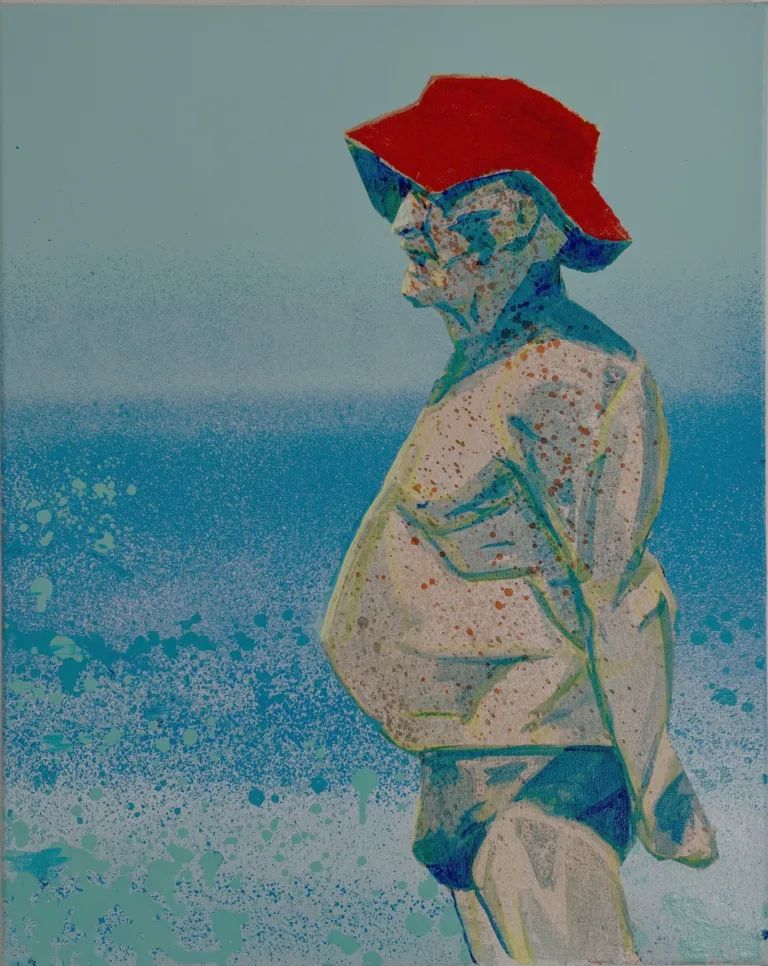 Liver Spotted Male Figure Standing On The Beach — painting; worked in spray paint; in acrylic on canvas