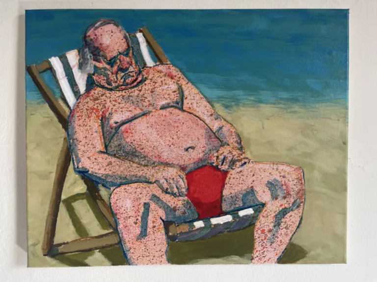Liver Spotted Old Man Sleeping On The Beach — painting; of a single figure; worked in spray paint; in acrylic on canvas