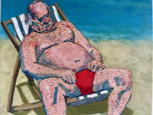 Liver Spotted Old Man Sleeping On The Beach — painting; of a single figure; worked in spray paint; in acrylic on canvas — detail 1 of 3, close-up of surface texture