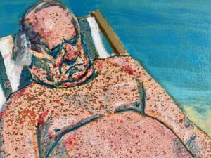 Liver Spotted Old Man Sleeping On The Beach — painting; of a single figure; worked in spray paint; in acrylic on canvas — detail 2 of 3, close-up of surface texture