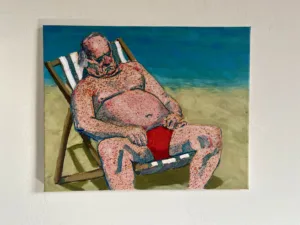 Liver Spotted Old Man Sleeping On The Beach — painting; of a single figure; worked in spray paint; in acrylic on canvas — detail 3 of 3, close-up of surface texture