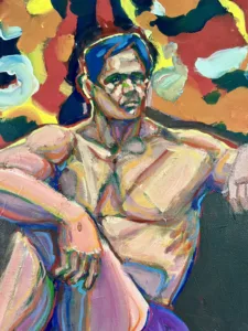 Male Figure Study — painting; in oil on canvas; purple, pink and brown tones — detail 1 of 2, close-up of surface texture