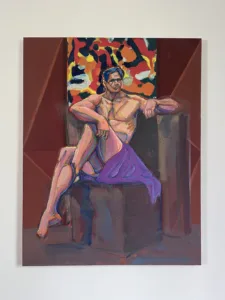 Male Figure Study — painting; in oil on canvas; purple, pink and brown tones — detail 2 of 2, close-up of surface texture