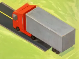 Man And Truck In Isometric Perspective — painting; of a single figure; in oil on canvas; gray, green and yellow tones — detail 1 of 3, close-up of surface texture