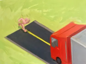 Man And Truck In Isometric Perspective — painting; of a single figure; in oil on canvas; gray, green and yellow tones — detail 2 of 3, close-up of surface texture