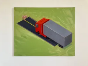 Man And Truck In Isometric Perspective — painting; of a single figure; in oil on canvas; gray, green and yellow tones — detail 3 of 3, close-up of surface texture