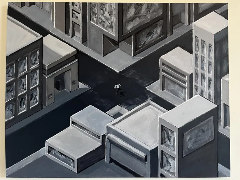 Man Running Through Isometric City In Grayscale — painting; of a single figure; in acrylic on canvas