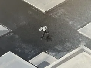 Man Running Through Isometric City In Grayscale — painting; of a single figure; in acrylic on canvas — detail 1 of 2, close-up of surface texture