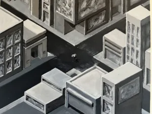 Man Running Through Isometric City In Grayscale — painting; of a single figure; in acrylic on canvas — detail 2 of 2, close-up of surface texture