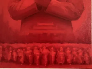 Mao Zedong In Red — painting; of a portrait; in oil on canvas — detail 2 of 3, close-up of surface texture