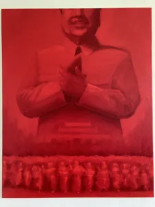 Mao Zedong In Red — painting; of a portrait; in oil on canvas — detail 3 of 3, close-up of surface texture