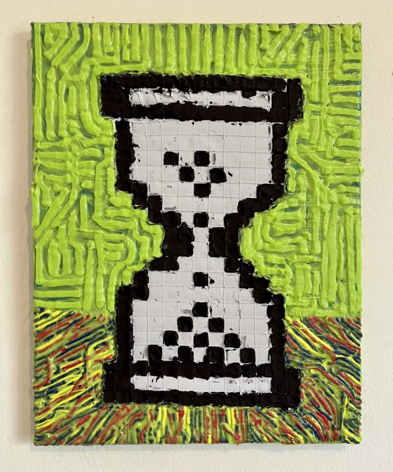Memento Mori — painting; of an object; in acrylic on canvas; black, gray and green tones