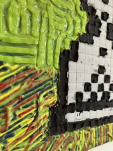Memento Mori — painting; of an object; in acrylic on canvas; black, gray and green tones — detail 2 of 3, close-up of surface texture