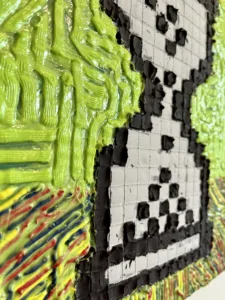 Memento Mori — painting; of an object; in acrylic on canvas; black, gray and green tones — detail 3 of 3, close-up of surface texture