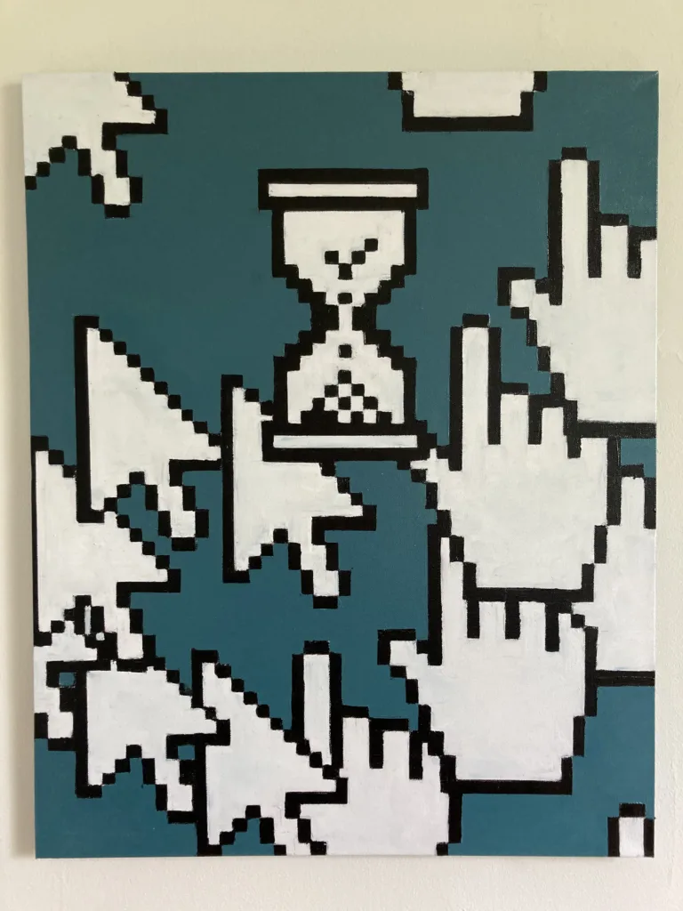 Memento Mori Glitch Cursors On Green — painting; of an object; in oil on canvas; black and white tones