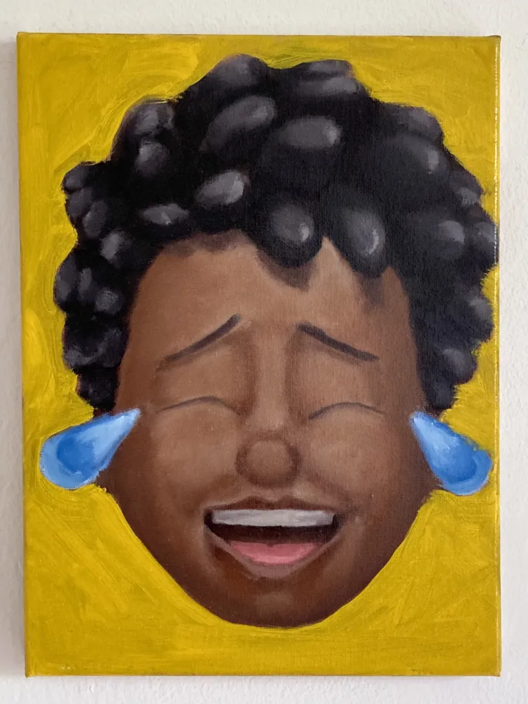 Memoji Portrait African American Laughing — painting; in oil on canvas; yellow, brown and black tones