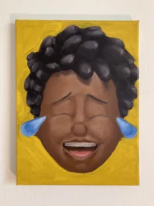 Memoji Portrait African American Laughing — painting; in oil on canvas; yellow, brown and black tones — detail, close-up of surface texture