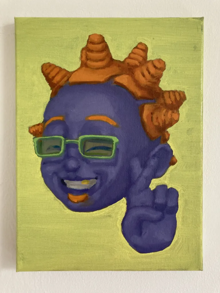 Memoji Portrait Purple Peace Sign — painting; in oil on canvas; yellow tones