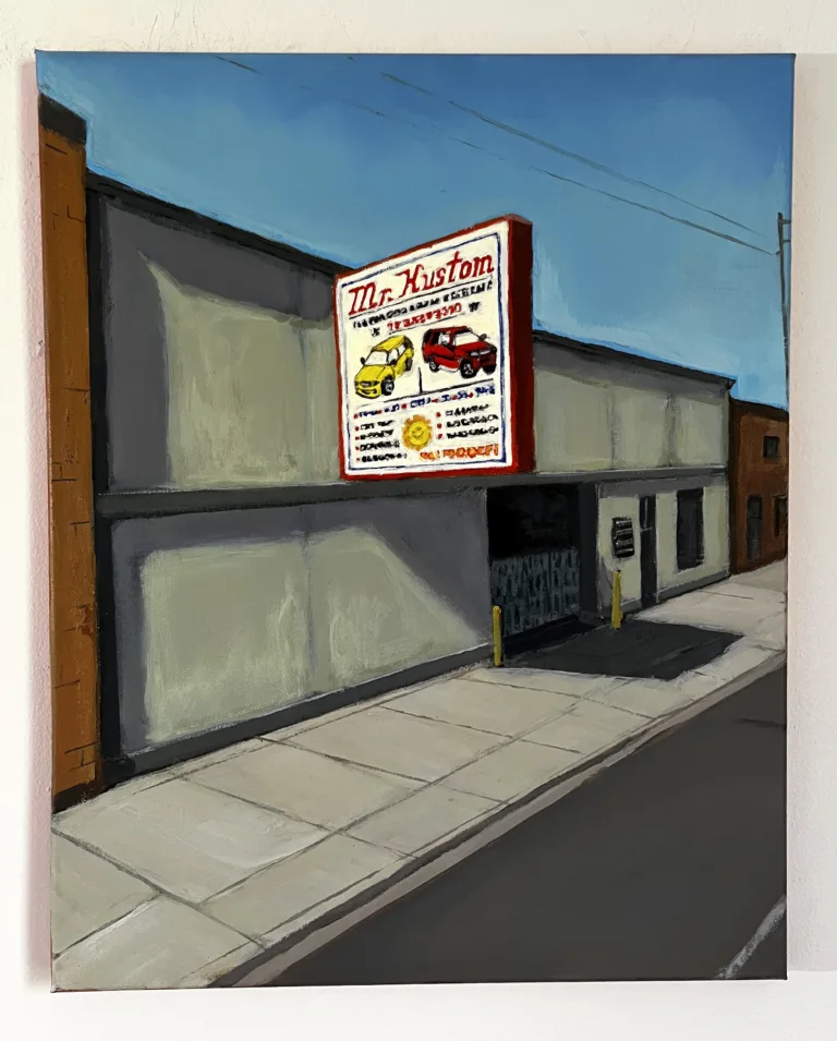 Mr Kustom — painting; of architecture; in acrylic on canvas; black, blue, gray and yellow tones