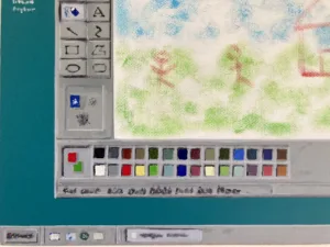 Ms Paint Landscape — painting; in oil on canvas; blue, gray and white tones — detail 1 of 2, close-up of surface texture