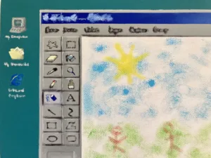 Ms Paint Landscape — painting; in oil on canvas; blue, gray and white tones — detail 2 of 2, close-up of surface texture