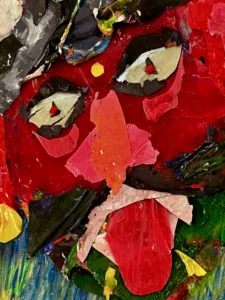 Nazar Battu Tactile Textured Assemblage — painting; of a portrait; in acrylic on canvas; black and blue tones — detail 2 of 3, close-up of surface texture