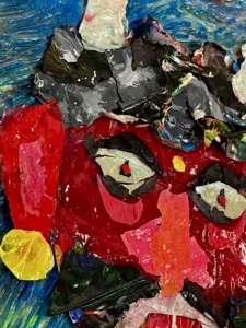 Nazar Battu Tactile Textured Assemblage — painting; of a portrait; in acrylic on canvas; black and blue tones — detail 3 of 3, close-up of surface texture