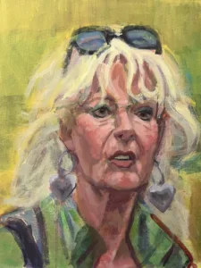 Older Female Portrait Study Earths World — painting; in acrylic on canvas; yellow and green tones — detail 2 of 3, close-up of surface texture