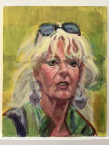 Older Female Portrait Study Earths World — painting; in acrylic on canvas; yellow and green tones — detail 3 of 3, close-up of surface texture