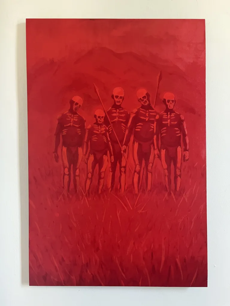 Papua New Guinea Skeleton Hunters In Red — painting; of a single figure; in oil on canvas