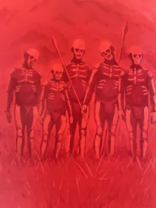 Papua New Guinea Skeleton Hunters In Red — painting; of a single figure; in oil on canvas — detail 1 of 2, close-up of surface texture