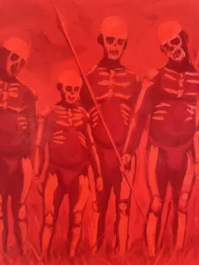 Papua New Guinea Skeleton Hunters In Red — painting; of a single figure; in oil on canvas — detail 2 of 2, close-up of surface texture
