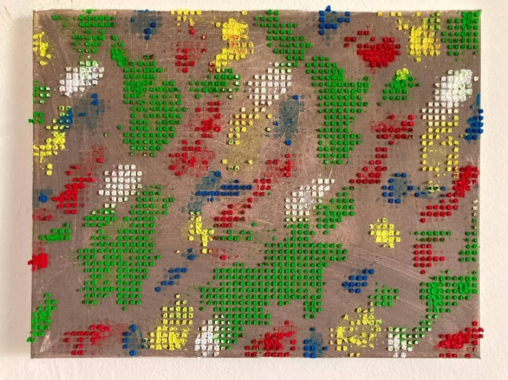 Physical Pixel Abstract Pattern Composition In Blue Green Red White And Yellow