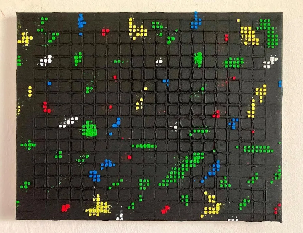 Physical Pixel Abstraction In Green Red White And Yellow On Black Background