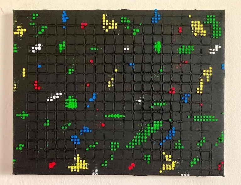 Physical Pixel Abstraction In Green Red White And Yellow On Black Background — painting; structured on a grid