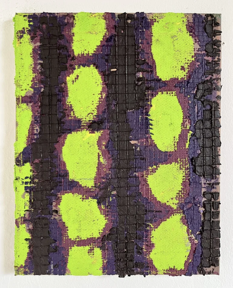Physical Pixel Green Purple Abstraction — painting; built up in heavy, tactile impasto; in acrylic on canvas; gray tones