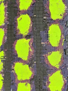 Physical Pixel Green Purple Abstraction — painting; built up in heavy, tactile impasto; in acrylic on canvas; gray tones — detail 1 of 2, close-up of surface texture