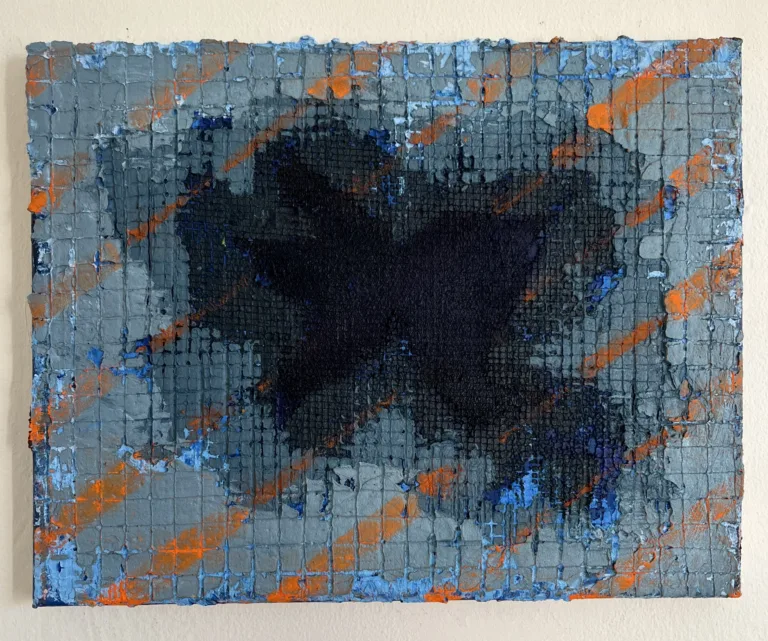 Physical Pixel Layered Hole Blue With Orange Stripes — painting; structured on a grid; in oil on canvas; black tones
