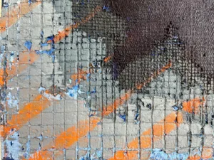 Physical Pixel Layered Hole Blue With Orange Stripes — painting; structured on a grid; in oil on canvas; black tones — detail 1 of 3, close-up of surface texture