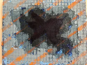 Physical Pixel Layered Hole Blue With Orange Stripes — painting; structured on a grid; in oil on canvas; black tones — detail 3 of 3, close-up of surface texture